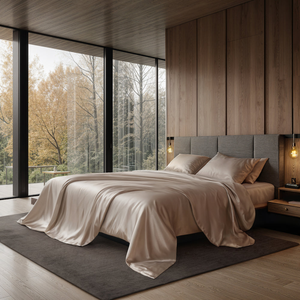 Elegant neutral-colored flat and fitted sheet bedding set