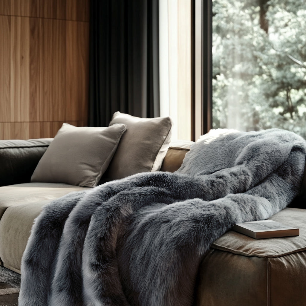 Faux fur luxury bedding blanket styled in modern bedroom