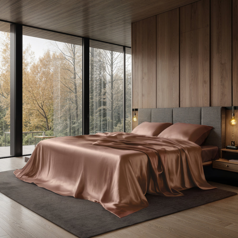 Minimalist luxury bedroom with SĀNTI sheet set