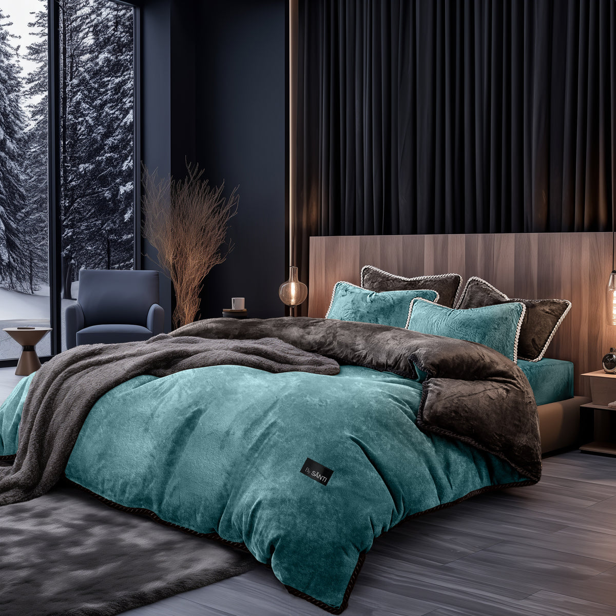 Luxury Amorgos velvet bedding set styled in a modern cozy bedroom