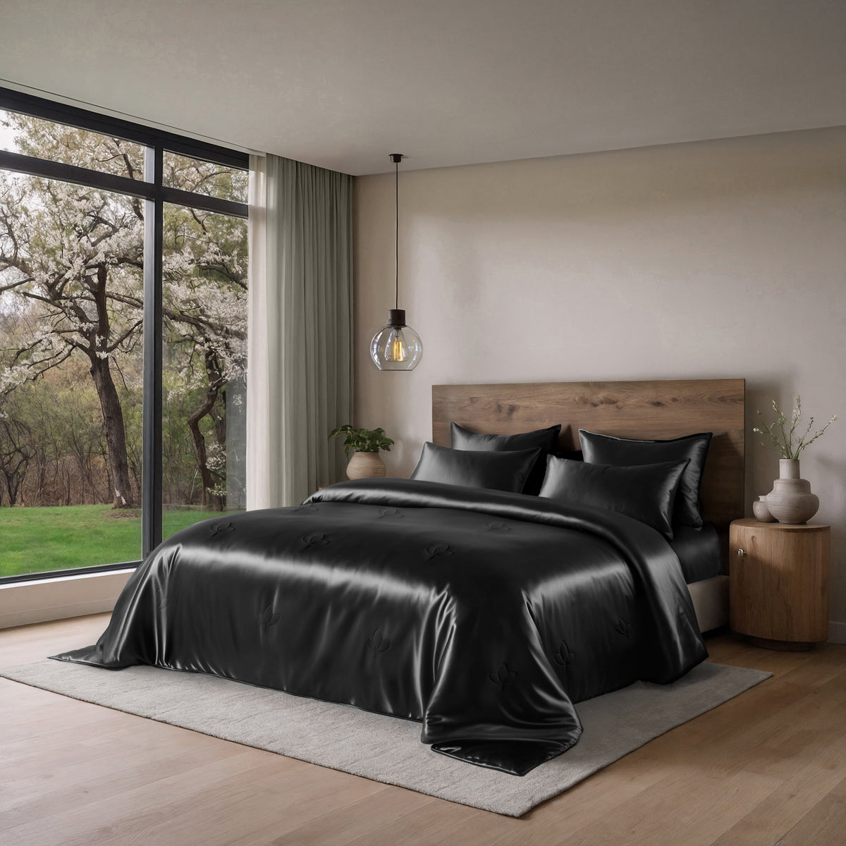 ÉSTIU Ultra-Cool Summer Comforter Set on modern bed showing lightweight cooling bedding design for hot sleepers