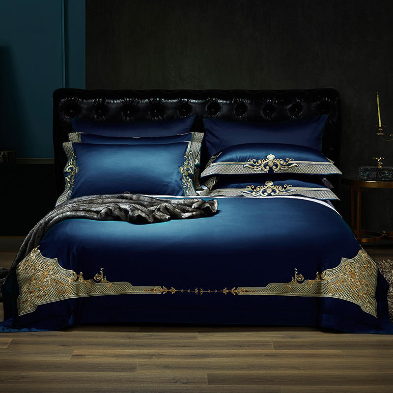Victoria Sateen Cotton Embroidered Trim 4/5pc Duvet Cover Set - Tranquility Bed